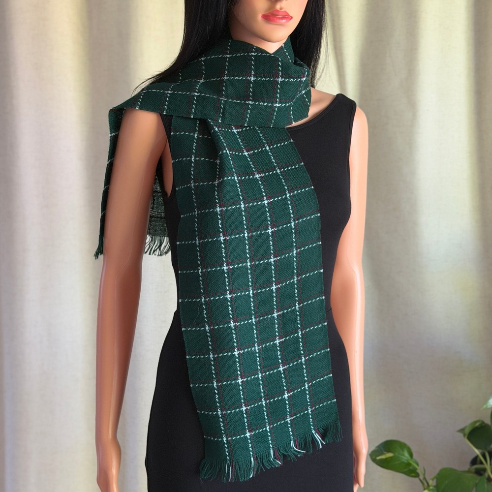 Vtg 70s Vera Green Plaid Acrylic Scarf Fringe Grid Pattern Forest Burgundy Retro